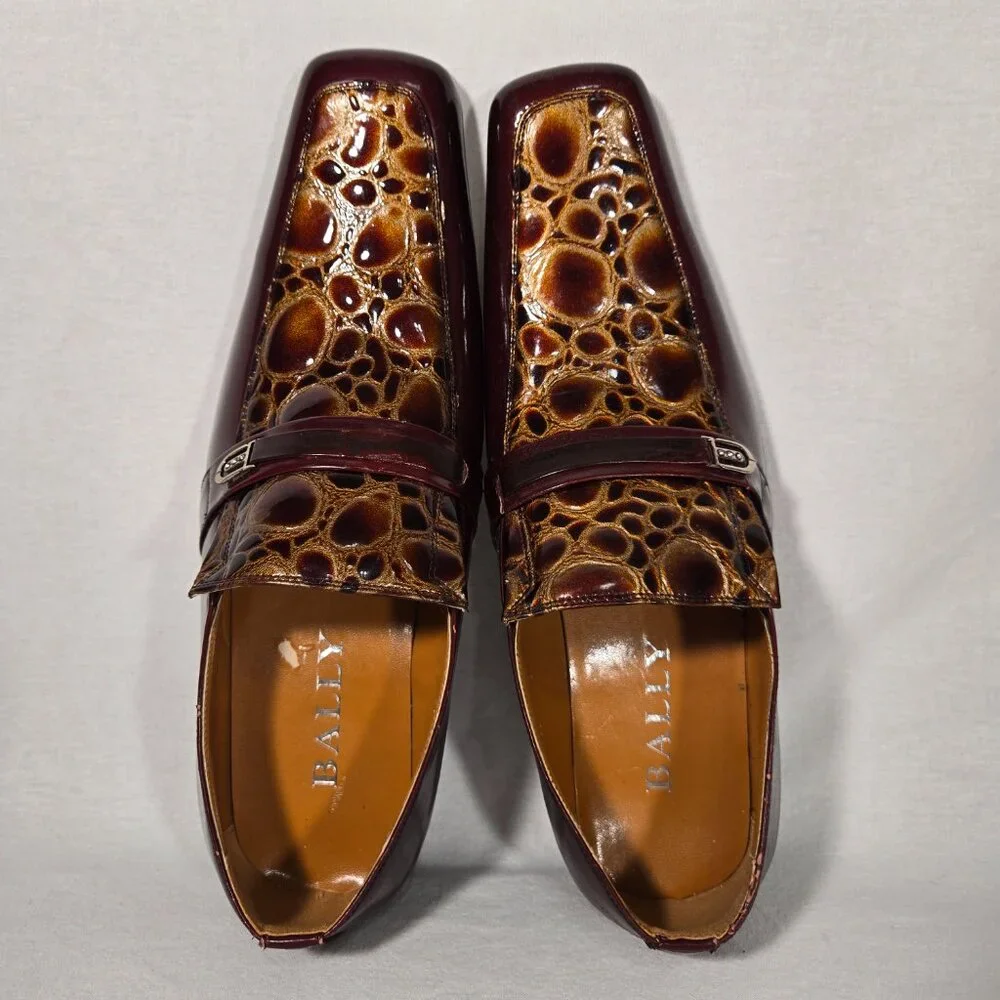 Vintage BALLY Rockabilly Red Wine Patent Leather Brown Crocodile Loafers Size 9B